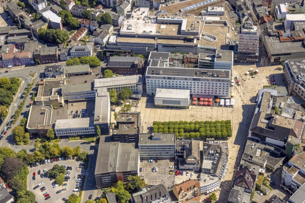 Aerial view, tree avenue at the town hall and town hall square, city, Lüdenscheid city, Lüdenscheid, Sauerland, North Rhine-Westphalia, Germany, tree avenue, tree group, tree row, tree series, DE, Europe, green trees, aerial view, aerial photography, aerial photography, Märkischer Kreis, overview, bird's eye view, birds-eyes view, green planting, overview