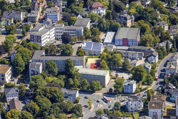 Aerial view, school building GSG Geschwister-Scholl-Gymnasium and school building Zepp Zeppelin Gymnasium, Lüdenscheid-Stadt, Lüdenscheid, Sauerland, North Rhine-Westphalia, Germany, education, educational institution, DE, Europe, grammar school, educational institute, aerial view, aerial photography, aerial photography, Märkischer Kreis, school, overview, bird's-eye view, overview