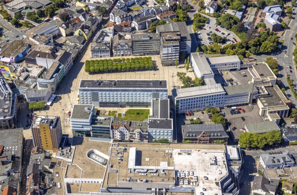 Aerial view, town hall and town hall square with tree avenue, city, Lüdenscheid city, Lüdenscheid, Sauerland, North Rhine-Westphalia, Germany, tree avenue, tree group, tree row, tree series, DE, Europe, green trees, aerial view, aerial photography, aerial photography, Märkischer Kreis, overview, bird's eye view, birds-eyes view, green planting, overview