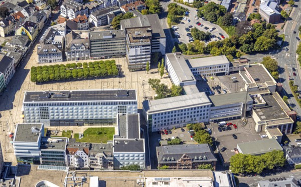 Aerial view, town hall and town hall square with tree avenue, city, Lüdenscheid city, Lüdenscheid, Sauerland, North Rhine-Westphalia, Germany, tree avenue, tree group, tree row, tree series, DE, Europe, green trees, aerial view, aerial photography, aerial photography, Märkischer Kreis, overview, bird's eye view, birds-eyes view, green planting, overview