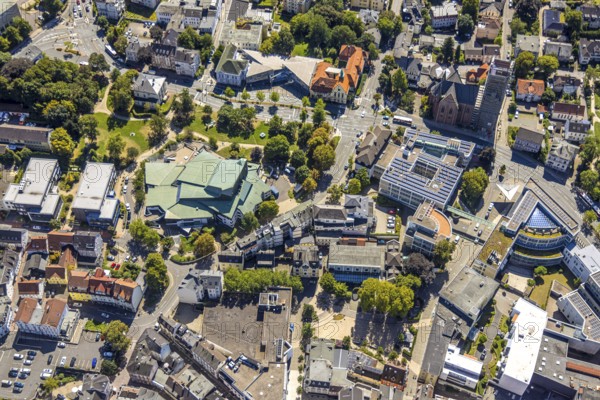 Aerial view, city garden with cultural centre and ENT centre, Lüdenscheid city, Lüdenscheid, Sauerland, North Rhine-Westphalia, Germany, DE, Europe, events, healthcare, property tax, ENT, real estate, hospital, culture, art, aerial photography, aerial photography, aerial photography, medical facility, medical aid, Märkischer Kreis, theatre, overview, events, event location, event venue, event centre, bird's-eye view, residential complex, living and life, residential area, quality of life, residential quarter, housing estate, residential district, birds-eyes view, cultural use, overview, medical care