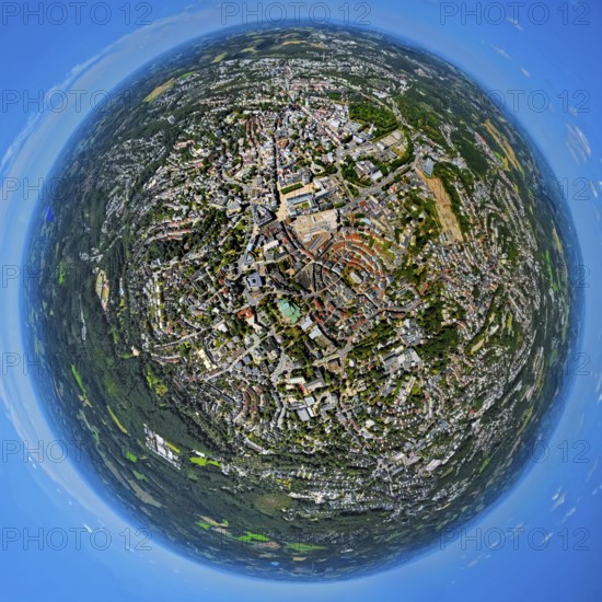 Aerial view, city centre view with town hall, circular residential complex Grabenstrasse and Corneliusstrasse with Church of the Redeemer, earth globe, fisheye image, fisheye image, 360 degree image, tiny world, little planet, fisheye image, Lüdenscheid city, Lüdenscheid, Sauerland, North Rhine-Westphalia, Germany, place of worship, authority, city, DE, Europe, religious community, house of worship, property tax, holy place, real estate, city centre view, church, parish, denomination, aerial view, aerial photography, aerial photography, town hall, religion, religious site, Ruhr area, overview, bird's-eye view, residential complex, living and life, residential area, quality of life, residential quarter, housing estate, residential area, birds-eyes view, overview