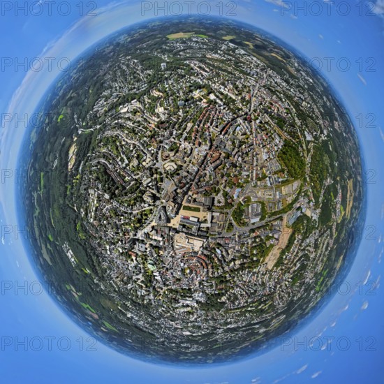 Aerial view, city centre view with town hall and town hall square, earth globe, fisheye image, 360 degree image, tiny world, little planet, fisheye image, Lüdenscheid city, Lüdenscheid, Sauerland, North Rhine-Westphalia, Germany, authority, City, DE, Europe, city centre view, aerial view, aerial photography, aerial photography, town hall, Ruhr area, overview, bird's eye view, birds-eyes view, overview
