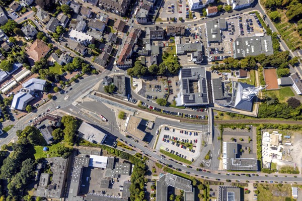 Aerial view, Phänomenta Science Center Tower at Phänomenta-Weg Technikzentrum Südwestfalen, ZOB Bahnhofsallee and Fachhochschule Südwestfalen, Lüdenscheid-Stadt, Lüdenscheid, Sauerland, North Rhine-Westphalia, Germany, education, education centre, bus station, DE, Europe, university, teaching institute, learning, aerial view, aerial photography, aerial photography, Märkischer Kreis, school, tower, overview, bird's-eye view, science museum, birds-eyes view, overview