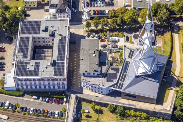 Aerial view, Phänomenta Science Center, Tower at Phänomenta-Weg Technikzentrum Südwestfalen, EGC EntwicklungsCentrum und GründerCentrum, Lüdenscheid-Stadt, Lüdenscheid, Sauerland, North Rhine-Westphalia, Germany, educational institution, educational centre, DE, Europe, learning, aerial view, aerial photography, aerial photography, Märkischer Kreis, tower, overview, bird's-eye view, science museum, birds-eyes view, overview