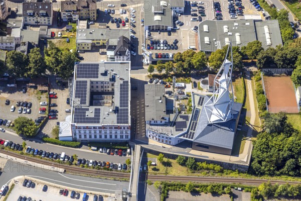 Aerial view, Phänomenta Science Center, Tower at Phänomenta-Weg Technikzentrum Südwestfalen, EGC EntwicklungsCentrum und GründerCentrum, Lüdenscheid-Stadt, Lüdenscheid, Sauerland, North Rhine-Westphalia, Germany, educational institution, educational centre, DE, Europe, learning, aerial view, aerial photography, aerial photography, Märkischer Kreis, tower, overview, bird's-eye view, science museum, birds-eyes view, overview