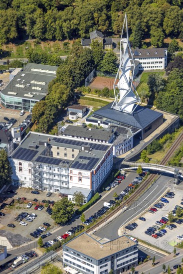 Aerial view, Phänomenta Science Center, Tower at Phänomenta-Weg Technikzentrum Südwestfalen, EGC EntwicklungsCentrum und GründerCentrum, Lüdenscheid-Stadt, Lüdenscheid, Sauerland, North Rhine-Westphalia, Germany, educational institution, educational centre, DE, Europe, learning, aerial view, aerial photography, aerial photography, Märkischer Kreis, tower, overview, bird's-eye view, science museum, birds-eyes view, overview
