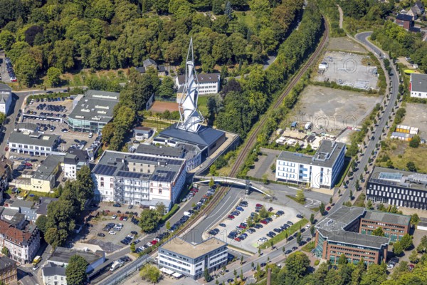 Aerial view, Phänomenta Science Center, Tower at Phänomenta-Weg Technikzentrum Südwestfalen, EGC EntwicklungsCentrum und GründerCentrum, Lüdenscheid-Stadt, Lüdenscheid, Sauerland, North Rhine-Westphalia, Germany, educational institution, educational centre, DE, Europe, learning, aerial view, aerial photography, aerial photography, Märkischer Kreis, tower, overview, bird's-eye view, science museum, birds-eyes view, overview