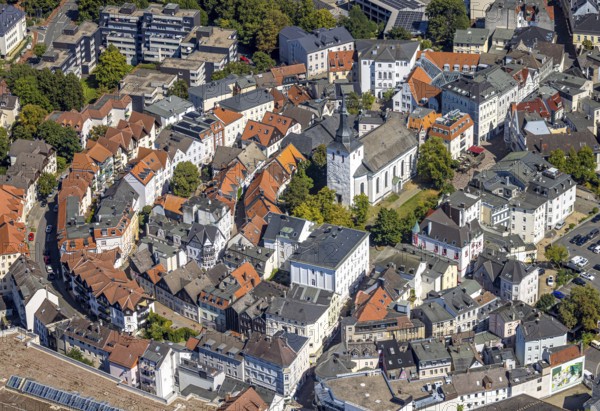 Aerial view, circular residential complex in the city centre with evang. Erlöserkirche, Corneliusstrasse and Grabenstrasse, Lüdenscheid city, Lüdenscheid, Sauerland, North Rhine-Westphalia, Germany, place of worship, DE, Europe, religious community, place of worship, property tax, holy place, real estate, church, parish, denomination, aerial view, aerial photography, aerial photography, Märkischer Kreis, religion, religious site, overview, bird's-eye view, residential area, living and life, residential area, quality of life, residential neighbourhood, housing estate, residential district, birds-eyes view, overview