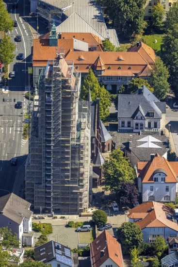 Aerial view, catholic church St. Joseph and Medardus with building site and scaffolding, behind Geschichtstmuseum Städt. Gallery, Lüdenscheid City, Lüdenscheid, Sauerland, North Rhine-Westphalia, Germany, place of worship, construction work, construction area, construction site, scaffolding, building site, construction project, construction site, DE, Europe, religious community, place of worship, holy place, church, parish, denomination, aerial view, aerial photography, aerial photography, museum, Märkischer Kreis, religion, religious site, overview, bird's eye view, birds-eyes view, overview