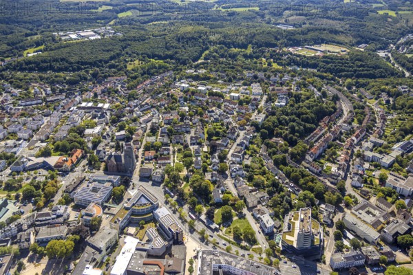 Aerial view, residential area local view around the catholic church St. Joseph and Medardus with construction site and scaffolding, forest area Nattenberg, Lüdenscheid town, Lüdenscheid, Sauerland, North Rhine-Westphalia, Germany, DE, Europe, property tax, real estate, aerial view, aerial photography, aerial photography, Märkischer Kreis, overview, bird's eye view, residential complex, living and life, residential area, residential quality, residential neighbourhood, housing estate, residential district, birds-eyes view, overview