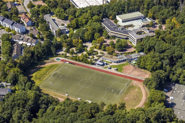 Aerial photo, Theodor-Heuss-Realschule und Fußballstadion Sportplatz Wefelshohl TSV Lüdenscheid e.V., Lüdenscheid-Stadt, Lüdenscheid, Sauerland, North Rhine-Westphalia, Germany, education, educational institution, DE, Europe, football, football field, football stadium, educational institute, aerial photo, aerial photography, aerial photography, Märkischer Kreis, secondary school, school, sport, sports facility, sports field, overview, bird's eye view, bird's eye view, overview