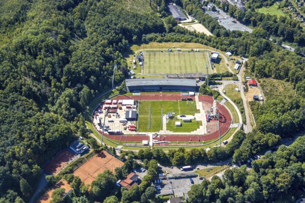Aerial view, construction site and renovation of the Nattenberg stadium, Rot-Weiß Lüdenscheid, Lüdenscheid city, Lüdenscheid, Sauerland, North Rhine-Westphalia, Germany, construction work, construction area, building site, building plots, construction project, construction site, DE, renovation, Europe, football, football field, football stadium, football club, aerial view, aerial photography, aerial photography, Märkischer Kreis, renovation, refurbishment, sports, sports facility, sports field, sports club, overview, bird's-eye view, overview