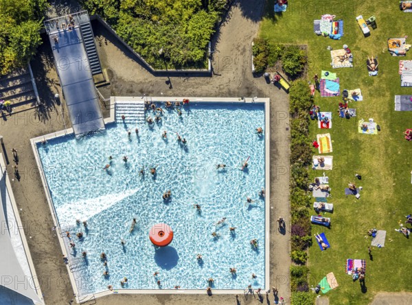 Aerial view, outdoor swimming pool, swimming pool with bathers, Lüdenscheid town, Lüdenscheid, Sauerland, North Rhine-Westphalia, Germany, bathing establishment, bathing resort, DE, Europe, shapes and colours, outdoor swimming pool, leisure activities, aerial view, aerial photography, aerial photography, Märkischer Kreis, swimming pool, swimming pool, swimming pool, overview, bird's eye view, birds-eyes view, overview