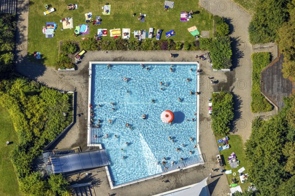 Aerial view, outdoor swimming pool, swimming pool with bathers, Lüdenscheid town, Lüdenscheid, Sauerland, North Rhine-Westphalia, Germany, bathing establishment, bathing resort, DE, Europe, shapes and colours, outdoor swimming pool, leisure activities, aerial view, aerial photography, aerial photography, Märkischer Kreis, swimming pool, swimming pool, swimming pool, overview, bird's eye view, birds-eyes view, overview