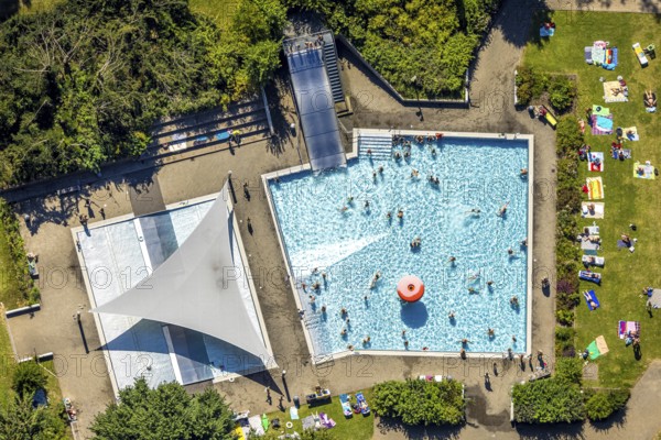 Aerial view, outdoor swimming pool, swimming pool with bathers, Lüdenscheid town, Lüdenscheid, Sauerland, North Rhine-Westphalia, Germany, bathing establishment, bathing resort, DE, Europe, shapes and colours, outdoor swimming pool, leisure activities, aerial view, aerial photography, aerial photography, Märkischer Kreis, swimming pool, swimming pool, swimming pool, overview, bird's eye view, birds-eyes view, overview