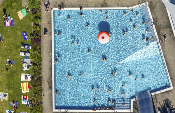 Aerial view, outdoor swimming pool, swimming pool with bathers, Lüdenscheid town, Lüdenscheid, Sauerland, North Rhine-Westphalia, Germany, bathing establishment, bathing resort, DE, Europe, shapes and colours, outdoor swimming pool, leisure activities, aerial view, aerial photography, aerial photography, Märkischer Kreis, swimming pool, swimming pool, swimming pool, overview, bird's eye view, birds-eyes view, overview