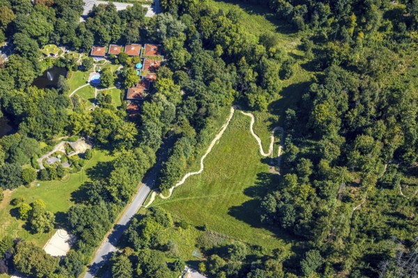 Aerial view, Saunadoerf Am Nattenberg, meadow with field path, Lüdenscheid town, Lüdenscheid, Sauerland, North Rhine-Westphalia, Germany, DE, Europe, aerial view, aerial photography, aerial photography, Märkischer Kreis, overview, bird's-eye view, wellness, birds-eyes view, overview