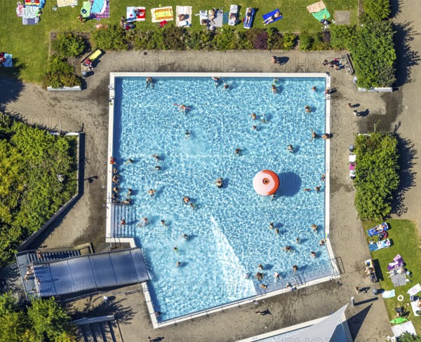 Aerial view, outdoor swimming pool, swimming pool with bathers, Lüdenscheid town, Lüdenscheid, Sauerland, North Rhine-Westphalia, Germany, bathing establishment, bathing resort, DE, Europe, shapes and colours, outdoor swimming pool, leisure activities, aerial view, aerial photography, aerial photography, Märkischer Kreis, swimming pool, swimming pool, swimming pool, overview, bird's eye view, birds-eyes view, overview