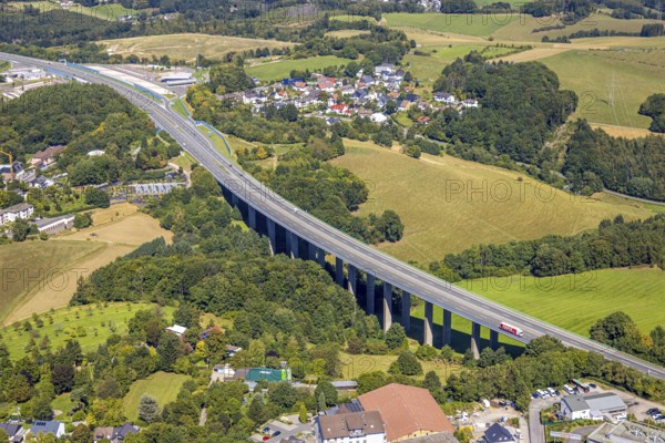 Aerial view, motorway bridge TAlbrücke Kattenbusch of the motorway A45 and service area Sauerland-Ost, Leifringhausen, Lüdenscheid, Sauerland, North Rhine-Westphalia, Germany, bridge, DE, Europe, truck parking, aerial view, aerial photography, aerial photography, Märkischer Kreis, service area, viaduct, overview, bird's-eye view, overview