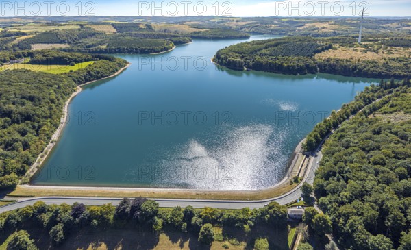 Aerial view, Verse dam with dam, forest area with forest damage, Piepersloh, Lüdenscheid, Sauerland, North Rhine-Westphalia, Germany, tree mortality, DE, Europe, clear-cutting, calamity areas, aerial view, aerial photography, aerial photography, Märkischer Kreis, lake, dam wall, dam, overview, bird's-eye view, forest, forest area, forest damage, forest mortality, birds-eyes view, overview