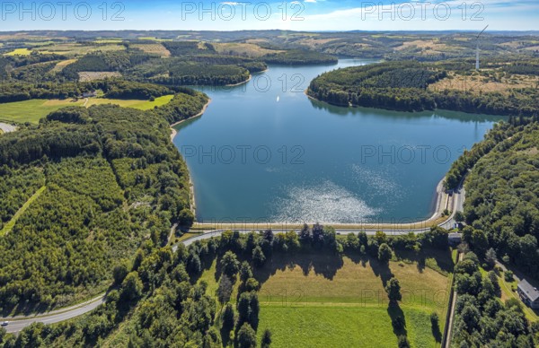Aerial view, Verse dam with dam, forest area with forest damage, Piepersloh, Lüdenscheid, Sauerland, North Rhine-Westphalia, Germany, tree mortality, DE, Europe, clear-cutting, calamity areas, aerial view, aerial photography, aerial photography, Märkischer Kreis, lake, dam wall, dam, overview, bird's-eye view, forest, forest area, forest damage, forest mortality, birds-eyes view, overview