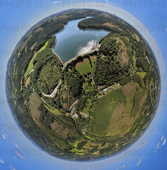 Aerial view, Verse dam and reservoir, earth globe, fisheye image, 360 degree image, tiny world, little planet, fisheye image, Piepersloh, Lüdenscheid, Sauerland, North Rhine-Westphalia, Germany, DE, Europe, aerial view, aerial photography, aerial photography, Ruhr area, lake, dam, reservoir, overview, bird's-eye view, forest, forest area, birds-eyes view, overview