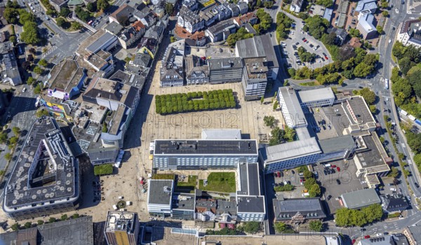 Aerial view, town hall and town hall square with tree avenue, city, Lüdenscheid city, Lüdenscheid, Sauerland, North Rhine-Westphalia, Germany, tree avenue, tree group, tree row, tree series, DE, Europe, green trees, aerial view, aerial photography, aerial photography, Märkischer Kreis, overview, bird's eye view, birds-eyes view, green planting, overview