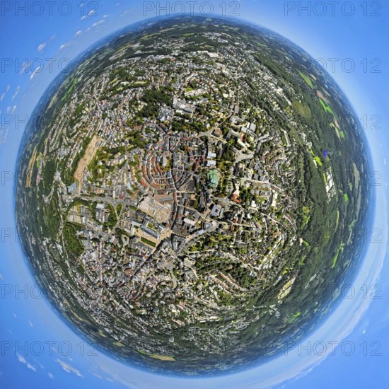 Aerial view, city centre view with town hall, circular residential complex Grabenstrasse and Corneliusstrasse with Church of the Redeemer, earth globe, fisheye image, fisheye image, 360 degree image, tiny world, little planet, fisheye image, Lüdenscheid city, Lüdenscheid, Sauerland, North Rhine-Westphalia, Germany, place of worship, authority, city, DE, Europe, religious community, house of worship, property tax, holy place, real estate, city centre view, church, parish, denomination, aerial view, aerial photography, aerial photography, town hall, religion, religious site, Ruhr area, overview, bird's-eye view, residential complex, living and life, residential area, quality of life, residential quarter, housing estate, residential area, birds-eyes view, overview
