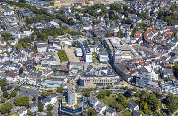 Aerial view, city centre view with town hall and town hall square with tree avenue, Lüdenscheid city, Lüdenscheid, Sauerland, North Rhine-Westphalia, Germany, tree avenue, tree group, tree row, tree series, DE, Europe, green trees, aerial view, aerial photography, aerial photography, Märkischer Kreis, overview, bird's eye view, birds-eyes view, green planting, overview