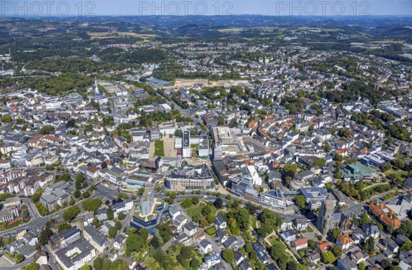 Aerial view, city centre view with town hall and town hall square with tree avenue, behind Phänomenta Science Center tower at Phänomenta-Weg Technikzentrum Südwestfalen, Lüdenscheid city, Lüdenscheid, Sauerland, North Rhine-Westphalia, Germany, tree avenue, tree group, tree row, tree series, DE, Europe, green trees, aerial view, aerial photography, aerial photography, Märkischer Kreis, overview, bird's eye view, birds-eyes view, green planting, overview