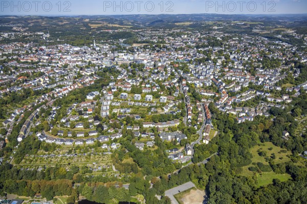 Aerial view, city centre view residential area around Hohfuhrstraße, town hall and town hall square, behind Phänomenta Science Center tower at Phänomenta-Weg Technikzentrum Südwestfalen, Lüdenscheid city, Lüdenscheid, Sauerland, North Rhine-Westphalia, Germany, tree avenue, tree group, tree row, tree series, DE, Europe, green trees, aerial view, aerial photography, aerial photography, Märkischer Kreis, overview, bird's eye view, birds-eyes view, green planting, overview