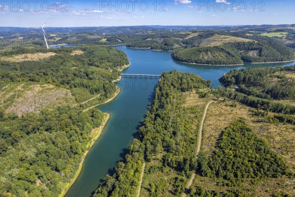 Aerial view, Versetalsperre, forest area with forest damage, Klamer Brücke der Landesstraße L694, Piepersloh, Lüdenscheid, Sauerland, North Rhine-Westphalia, Germany, tree mortality, DE, Europe, clear cutting, calamity areas, aerial photograph, aerial photography, aerial photography, Märkischer Kreis, lake, dam, overview, bird's eye view, forest, forest area, forest damage, forest mortality, birds-eyes view, overview