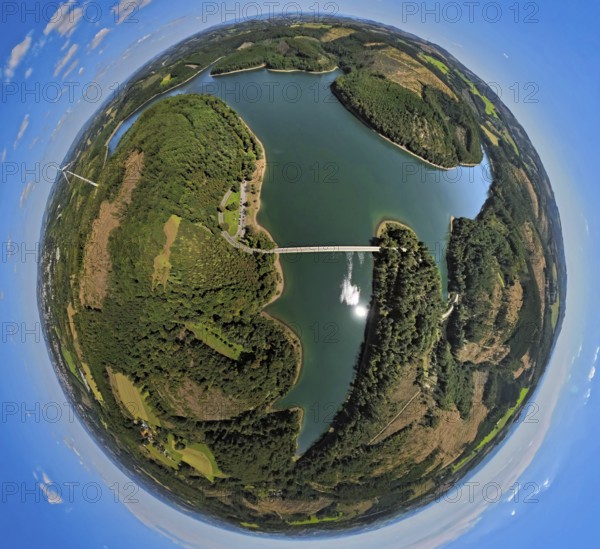 Aerial view, Versetalsperre, Klamer Brücke Landesstraße L694, earth globe, fisheye image, 360 degree image, tiny world, little planet, fisheye image, Piepersloh, Lüdenscheid, Sauerland, North Rhine-Westphalia, Germany, DE, Europe, aerial view, aerial photography, aerial photography, Ruhr area, lake, dam, overview, bird's eye view, forest, forest area, birds-eyes view, overview