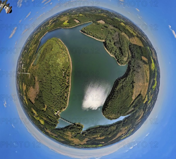 Aerial view, Verse dam, globe, fisheye image, 360 degree image, tiny world, little planet, fisheye image, Piepersloh, Lüdenscheid, Sauerland, North Rhine-Westphalia, Germany, DE, Europe, aerial view, aerial photography, aerial photography, Ruhr area, lake, dam, overview, bird's-eye view, forest, forest area, birds-eyes view, overview