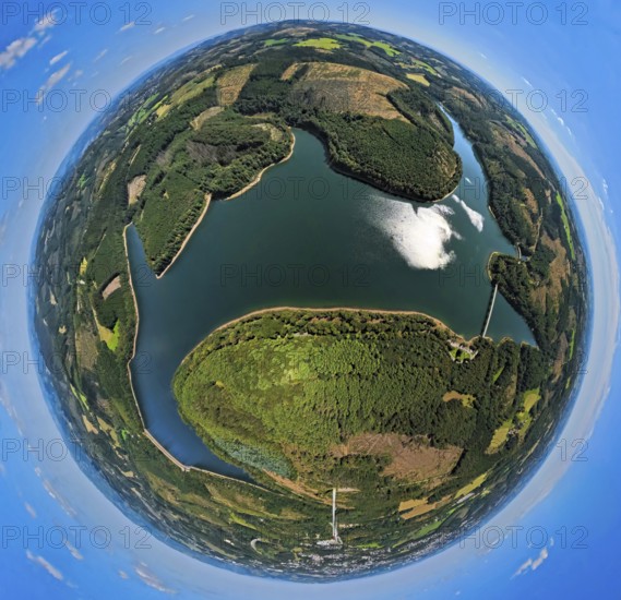 Aerial view, Verse dam, globe, fisheye image, 360 degree image, tiny world, little planet, fisheye image, Piepersloh, Lüdenscheid, Sauerland, North Rhine-Westphalia, Germany, DE, Europe, aerial view, aerial photography, aerial photography, Ruhr area, lake, dam, overview, bird's-eye view, forest, forest area, birds-eyes view, overview