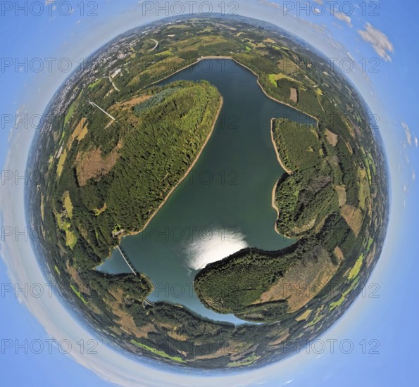 Aerial view, Verse dam, globe, fisheye image, 360 degree image, tiny world, little planet, fisheye image, Piepersloh, Lüdenscheid, Sauerland, North Rhine-Westphalia, Germany, DE, Europe, aerial view, aerial photography, aerial photography, Ruhr area, lake, dam, overview, bird's-eye view, forest, forest area, birds-eyes view, overview
