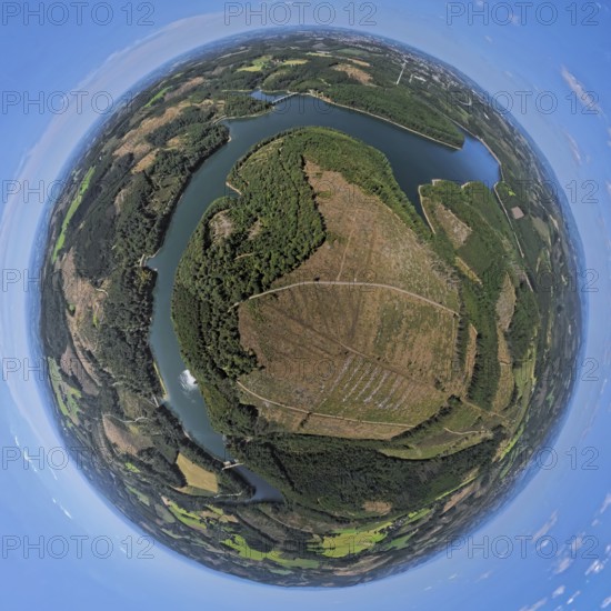 Aerial view, Versetalsperre, forest area with forest damage, earth globe, fisheye image, 360 degree image, tiny world, little planet, fisheye image, Piepersloh, Lüdenscheid, Sauerland, North Rhine-Westphalia, Germany, DE, Europe, aerial photography, aerial photography, aerial photography, Ruhr area, lake, dam, overview, bird's eye view, forest, forest area, birds-eyes view, overview