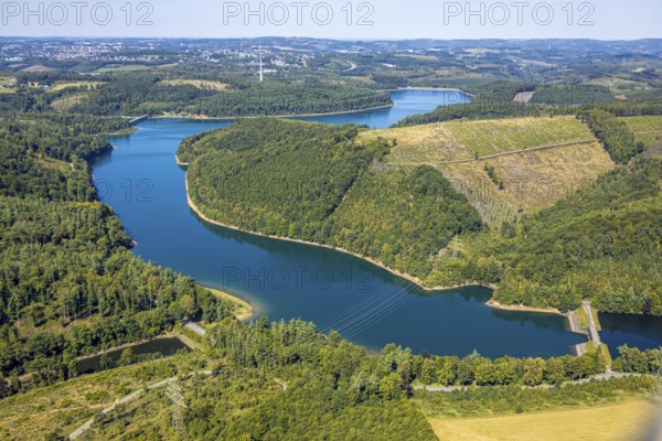 Aerial view, Versetalsperre, forest area with forest damage, Piepersloh, Lüdenscheid, Sauerland, North Rhine-Westphalia, Germany, tree dieback, DE, Europe, clear cutting, calamity areas, aerial view, aerial photography, aerial photography, Märkischer Kreis, lake, dam wall, reservoir, overview, bird's eye view, forest, forest area, forest damage, forest dieback, birds-eyes view, overview