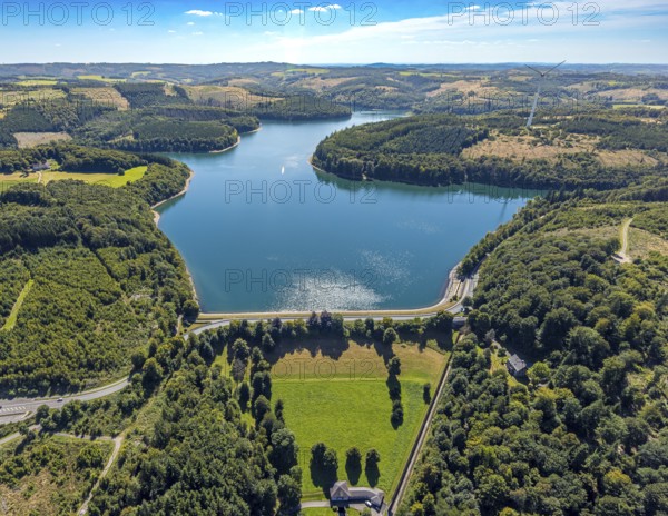Aerial view, Verse dam with dam, forest area with forest damage, Piepersloh, Lüdenscheid, Sauerland, North Rhine-Westphalia, Germany, tree mortality, DE, Europe, clear-cutting, calamity areas, aerial view, aerial photography, aerial photography, Märkischer Kreis, lake, dam wall, dam, overview, bird's-eye view, forest, forest area, forest damage, forest mortality, birds-eyes view, overview