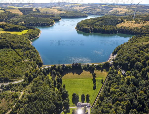 Aerial view, Verse dam with dam, forest area with forest damage, Piepersloh, Lüdenscheid, Sauerland, North Rhine-Westphalia, Germany, tree mortality, DE, Europe, clear-cutting, calamity areas, aerial view, aerial photography, aerial photography, Märkischer Kreis, lake, dam wall, dam, overview, bird's-eye view, forest, forest area, forest damage, forest mortality, birds-eyes view, overview