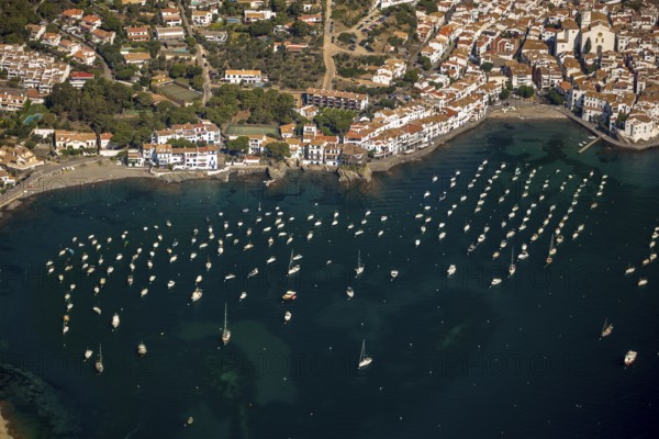 Bay of Cadaques, sailing boats, old town, Parc Natural Cap De Creus, Cadaqués, Costa Brava, Catalonia, Spain, Cadaqués, Europe, aerial view, birds-eyes view, aerial photography, aerial photography, aerial photography, overview, overview, bird's eye view, aerial photos of Spain