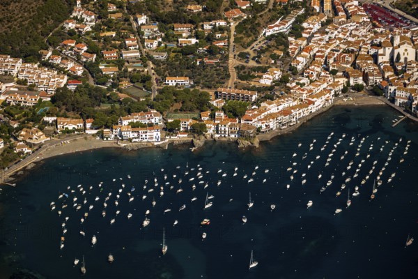 Bay of Cadaques, sailing boats, old town, Parc Natural Cap De Creus, Cadaqués, Costa Brava, Catalonia, Spain, Cadaqués, Europe, aerial view, birds-eyes view, aerial photography, aerial photography, aerial photography, overview, overview, bird's eye view, aerial photos of Spain