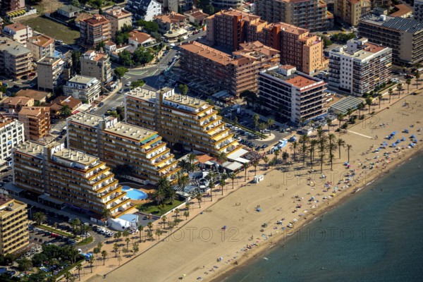Roses on the Gulf of Roses, high-rise buildings on the beach, holiday resort, palm beach, beach, Costa Brava, Catalonia, Spain, Roses, Europe, aerial photo, birds-eyes view, aerial photography, aerial photography, overview, overview, bird's eye view, aerial photos of Spain