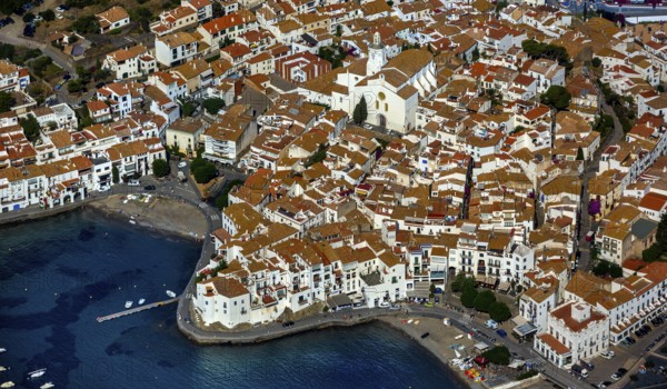 Bay of Cadaques, sailing boats, old town, Parc Natural Cap De Creus, Cadaqués, Costa Brava, Catalonia, Spain, Cadaqués, Europe, aerial view, birds-eyes view, aerial photography, aerial photography, aerial photography, overview, overview, bird's eye view, aerial photos of Spain