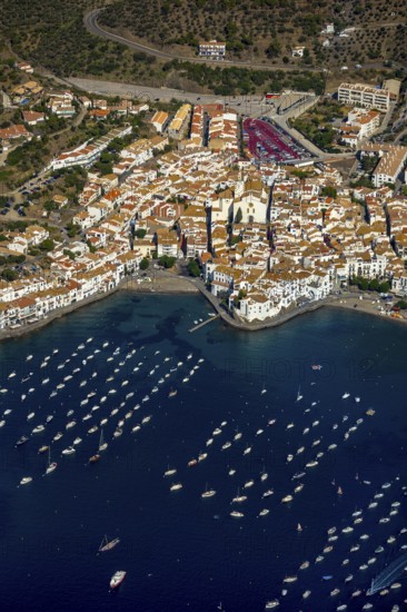 Bay of Cadaques, sailing boats, old town, Parc Natural Cap De Creus, Cadaqués, Costa Brava, Catalonia, Spain, Cadaqués, Europe, aerial view, birds-eyes view, aerial photography, aerial photography, aerial photography, overview, overview, bird's eye view, aerial photos of Spain