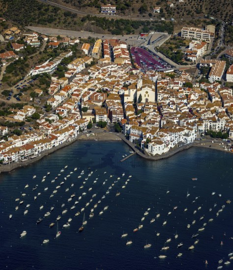 Bay of Cadaques, sailing boats, old town, Parc Natural Cap De Creus, Cadaqués, Costa Brava, Catalonia, Spain, Cadaqués, Europe, aerial view, birds-eyes view, aerial photography, aerial photography, aerial photography, overview, overview, bird's eye view, aerial photos of Spain