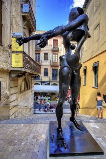 Homage Ã Newton, bronze figure in the alleys of Figueres, Figueres, Figueras, Catalonia, Spain, Europe, aerial view, birds-eyes view, aerial photography, aerial photography, overview, bird's eye view