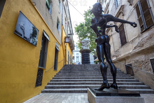 Homage Ã Newton, bronze figure in the alleys of Figueres, Figueres, Figueras, Catalonia, Spain, Europe, aerial view, birds-eyes view, aerial photography, aerial photography, overview, bird's eye view