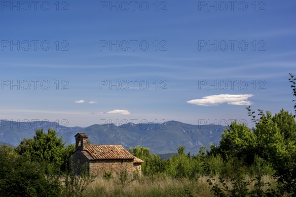 Small chapel on the hills of Sant Miquel de Campmajor, Cataluña, Catalonia, Spain, Sant Miquel de Campmajor, Cataluña, Europe, aerial view, birds-eyes view, aerial photography, aerial photography, overview, overview, bird's eye view